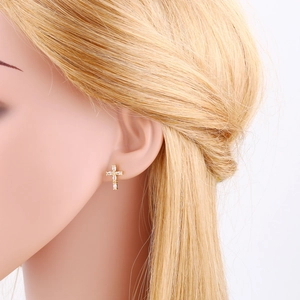 Hip hop gold cross stud earrings for women set with sparkling white zircon crystals