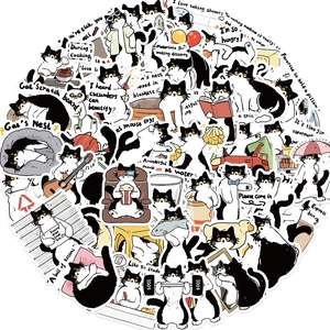 Collection of cute cartoon cow cat stickers showing various funny poses and daily activities