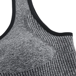 Seamless melange grey sports bra with black ribbed trim and high-elastic knit texture
