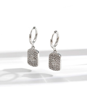 Luxe titanium steel hoop earrings with micro-paved cubic zirconia square pendant charms
