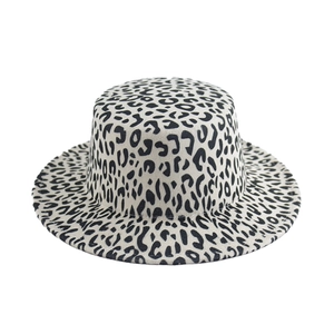 Flat top leopard print wool fedora hat with wide brim for retro winter style