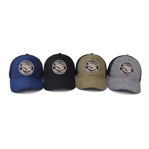 Suede trucker hats with eagle embroidery in blue, black, olive, and grey colors