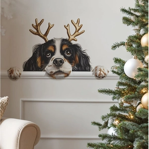 3D Christmas wall sticker featuring a Cavalier King Charles Spaniel with reindeer antlers