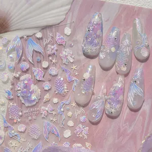 Autocollants Ongles 5D Relief Sirène Laser Aurora Océan Coquillage Queue De Poisson Décoration Manucure PET