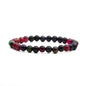 Natural 8mm multi-color tiger eye stone beaded bracelet with polished finish on white base