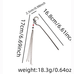 Detailed dimensions of silver moon hair pin with tassel showing length and weight
