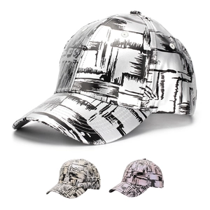 Baseball Cap Metallic PU Coated Streetwear Graffiti Pattern Sun Hat Adjustable Fashion Hip Hop For Men Women