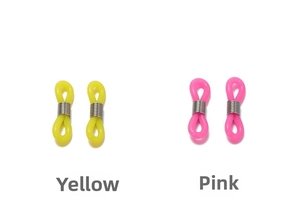 Detail view of pink and yellow non-slip silicone eyeglass chain connectors with metal coils
