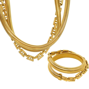 Layered 18K gold plated stainless steel necklace and bracelet set with H-link design