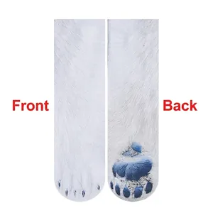Detailed front and back view of 3D animal paw socks with realistic blue foot pads