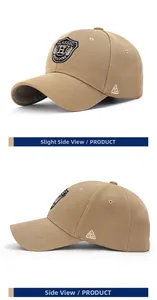 Close-up of khaki baseball cap featuring 3D embroidered classic H shield logo detail