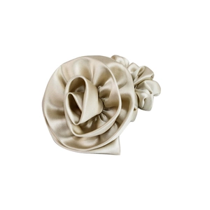 French vintage champagne satin rose flower hair scrunchie with soft silk luster