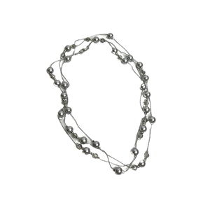 Elegant multi-layer gray pearl necklace with silver chains on a clean white background