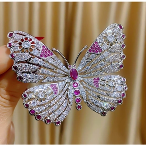 Broche de Mariposa Estilo Corte Vintage para Mujer Cobre Plateado Con Zirconia Roja Blanca Elegante Pin de Joyería