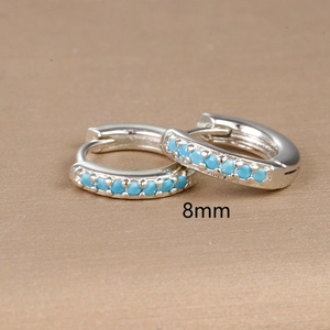 Silver hoop earrings with light blue turquoise zircons in 8mm diameter size