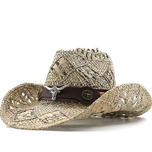 Western Cowboy Straw Hat Hand Woven Hollow Sun Visor With Leather Belt And Metal Bull Head For Summer Beach Casual
