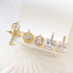 Gold-plated key and geometric square charms with sparkling zircon inlay set of 5 pieces