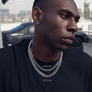 Men's hip hop silver Cuban link chain necklace set in 45cm and 50cm layered style