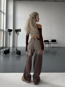 Ensemble jean délavé dégradé pour femme avec haut court à manches longues