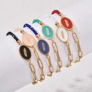 Stainless Steel Bracelet For Women Enamel Feather Pendant Crystal Beaded Paperclip Chain Non-Fading Fashion Jewelry