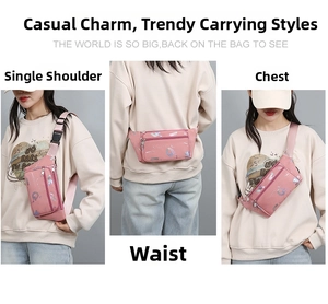 Pink multi-functional waist bag shown in shoulder, waist, and crossbody wearing styles