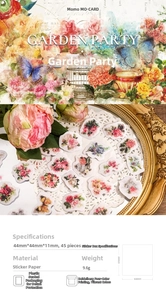 Detailed size specifications for 45pcs vintage floral and butterfly garden party stickers