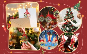 Clear acrylic Christmas ornaments showing versatile use on trees and gift bags