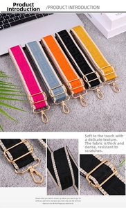 Detailed view of woven geometric bag straps with gold metal clasps in various colors