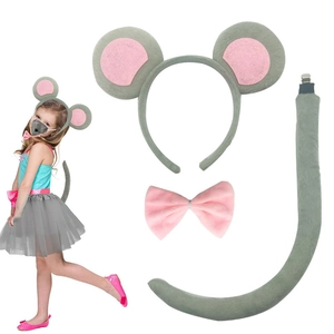Grey plush mouse ears headband, pink bowtie and tail costume set for kids cosplay