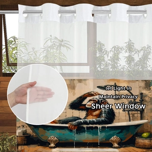 Sheer shower curtain with gorilla oil painting print and translucent mesh window