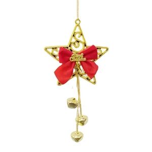 Festive gold star Christmas tree ornament with a red bow and three hanging bells