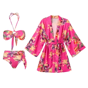 Vibrant floral print three-piece bikini set with a long-sleeve cover-up and ring detail