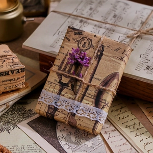Vintage decorative scrapbooking paper set with lace, twine, and retro music sheets