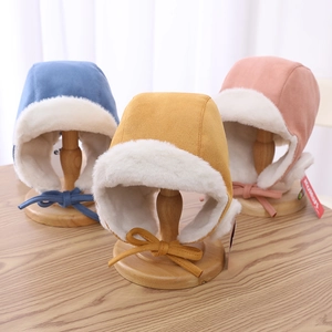 Winter faux suede trapper hats for kids with plush lining in blue, yellow and pink