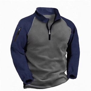 Men's half-zip fleece pullover with stand collar and navy gray color blocking design
