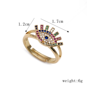 Macro view of adjustable evil eye ring with dimensions 1.2cm by 1.7cm and colorful gems