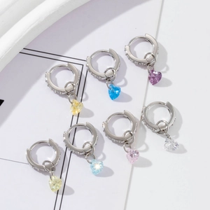 Heart Pendant Hoop Earrings Sparkling Zircon Inlaid Copper Sweet Colorful Jewelry For Women Girls
