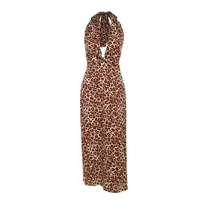 Sexy leopard print maxi dress with deep V-neck and halter backless design for women