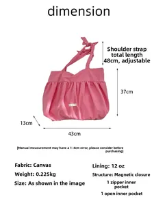 Detailed technical diagram showing dimensions and features of pink pleated canvas bag