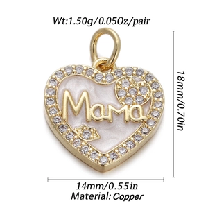 Detail view of heart-shaped gold-plated copper Mama pendant with pearl and clear stones
