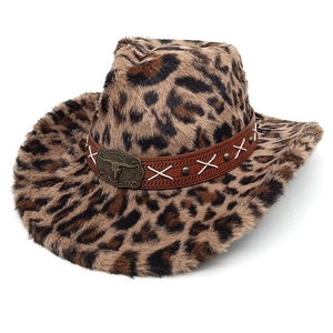 Detail of leopard print cowboy hat with brown leather band and metal bull head buckle