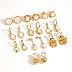 Minimalist 18k gold plated stainless steel earrings set with elegant white cat eye stones