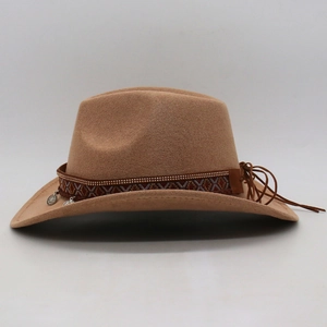 Detail of khaki wool fedora with ethnic geometric band and silver coin pendants
