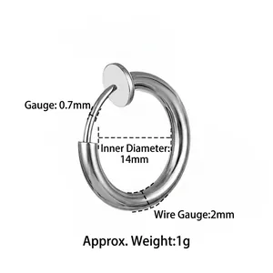 Minimalist silver stainless steel spring clip-on earring hoop with 14mm inner diameter
