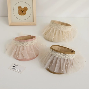 Kids lace straw sun visors with pearls in pink, beige, and brown colors for summer
