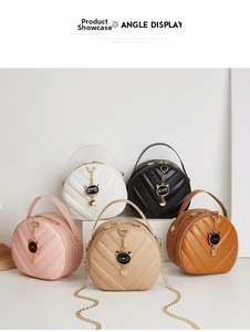 Detailed showcase of quilted mini handbags with cat charms in five vibrant colors