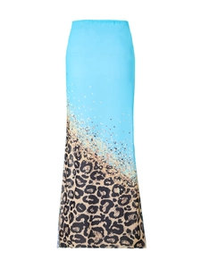Detail view of high-waisted mesh maxi skirt with leopard print and blue gradient color