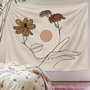 Minimalist bohemian wall tapestry featuring abstract floral and female face line art