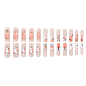 24-piece Halloween press-on nails featuring orange ghosts, pumpkins, and spider webs