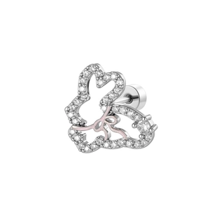 Sparkling rabbit bow cartilage earring with pink stones and clear zircon in silver finish